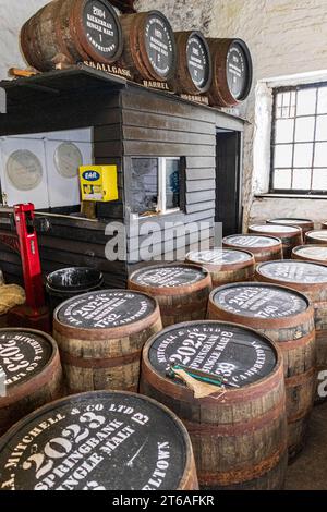 Barils de whisky à Springbank Distillery produisant du whisky single malt à Campbeltown sur la péninsule de Kintyre, Argyll & Bute, Écosse Royaume-Uni Banque D'Images