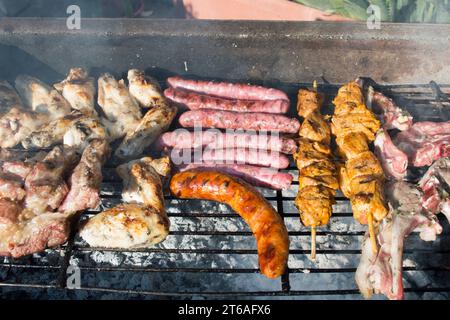 Carne en la barbacoa, salchichas, pinchos, alitas, chuletas Banque D'Images