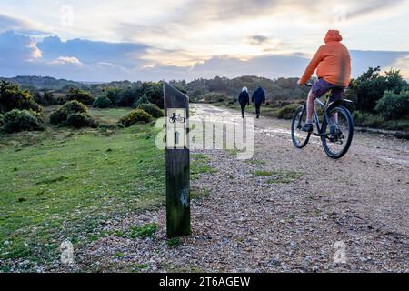 Hampton Ridge, Frogham, New Forest, Hampshire, Royaume-Uni, 9 novembre 2023 : Météo. Nuages de douche au crépuscule et mouillé sous pied et roue pour les marcheurs et un cycliste. Le chemin de gravier vers ou depuis Fritham est l'une des nombreuses pistes cyclables désignées dans le parc national. Crédit : Paul Biggins/Alamy Live News Banque D'Images