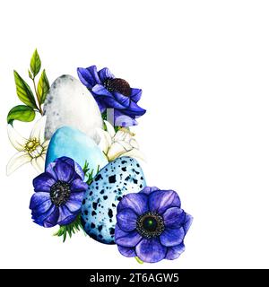 Joyeuses cartes aquarelle de Pâques avec des œufs de Pâques mignons, fleurs de printemps anémone violette dans des couleurs pastel. Eléments isolés de décoration aquarelle de Pâques. Banque D'Images