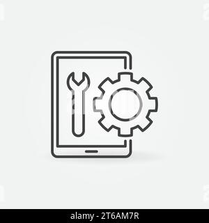 Tablette avec vecteur clé icône ou signe de concept de réparation de périphérique dans le style de contour Illustration de Vecteur