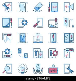 Collection d'icônes créatives bleues de réparation de smartphone et de tablette. Vector Broken Phone Signs Illustration de Vecteur