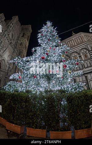 Sapin de Noël illuminé dans le centre de Florence pendant les vacances Banque D'Images