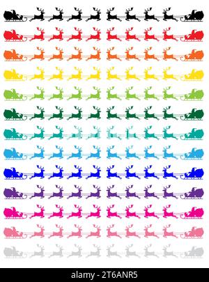 Silhouettes colorées du Père Noël courant sur le traîneau avec le renne pour apporter les cadeaux Banque D'Images