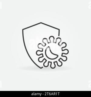 Bouclier avec icône de contour de virus pathogène. Symbole de concept de ligne de vecteur de protection antibactérienne Illustration de Vecteur