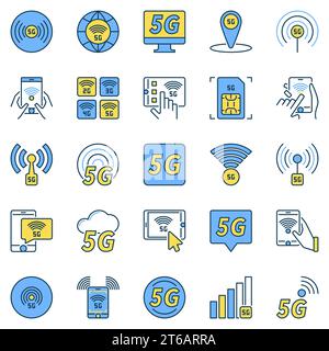 Icônes vectorielles de concept colorées de la technologie 5G - signes de technologie de réseau cellulaire sans fil de 5e génération Illustration de Vecteur