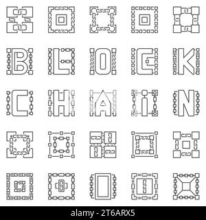 Jeu d'icônes de contour de chaîne de blocs. Les blocs liés ensemble concept de symboles linéaires de blockchain décentralisés Illustration de Vecteur