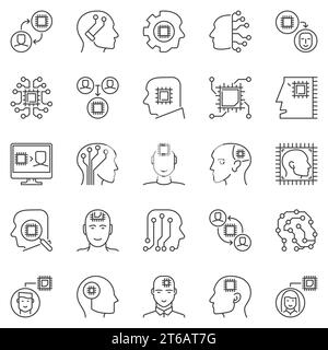 Tête humaine avec un jeu d'icônes de contour de puce. Signes de ligne de concept d'intelligence artificielle vectorielle et d'apprentissage automatique Illustration de Vecteur