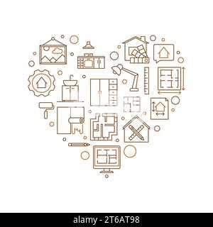 Accueil Design d'intérieur concept vectoriel simple contour illustration en forme de coeur ou bannière Illustration de Vecteur