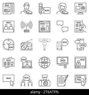 Ensemble d'icônes de contour de nouvelles - collection vectorielle de symboles de concept de médias et de reporter dans le style de ligne mince Illustration de Vecteur