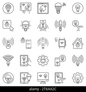 Icônes de contour d'ampoule Smart Light définies. Ampoules LED Wi-Fi symboles vectoriels de concept dans le style de ligne mince Illustration de Vecteur