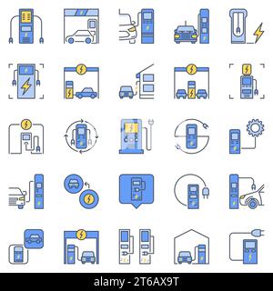 Ensemble d'icônes colorées de station de charge EV - collection de signes conceptuels vectoriels de point de recharge de voiture électrique Illustration de Vecteur