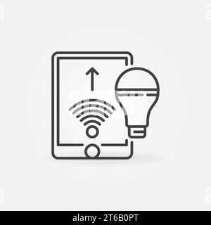 Ampoule intelligente contrôlée avec tablette via icône vectorielle de réseau wi-fi dans le style de ligne mince Illustration de Vecteur