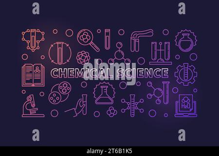 Bannière ou illustration horizontale colorée de contour de vecteur de science chimique sur fond sombre Illustration de Vecteur