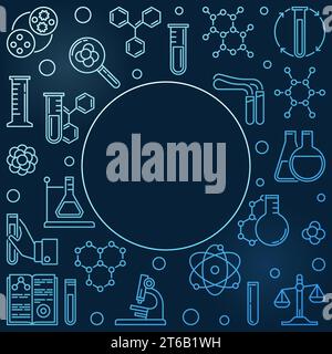 Cadre bleu avec icônes créatives linéaires de chimie. Illustration vectorielle sur fond sombre Illustration de Vecteur