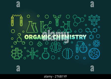 Bannière horizontale du concept de chimie organique. Illustration linéaire du concept de chimie vectorielle sur fond sombre Illustration de Vecteur