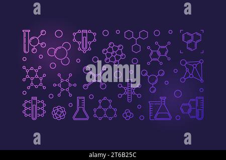 Contour de concept chimique bannière colorée - vecteur chimie linéaire illustration horizontale sur fond sombre Illustration de Vecteur