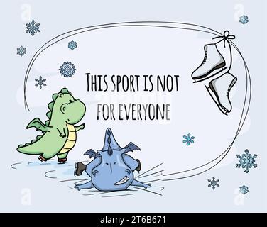 Deux dragons mignons symbole de l'année 2024 patinent. Carte de voeux vectorielle du nouvel an. Illustration de Vecteur