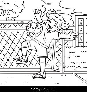 Girl Bouncing football ball Off Chest Coloriage page Illustration de Vecteur