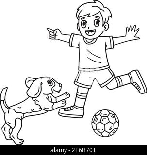 Garçon et chien jouant au football page de coloriage isolée Illustration de Vecteur