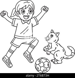 Fille et chat jouant au football Coloriage isolé Illustration de Vecteur