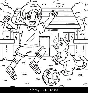 Fille et chat jouant Soccer Coloriage page pour les enfants Illustration de Vecteur