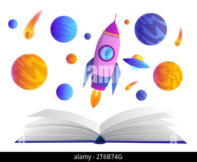 Vaisseau spatial de fusée de dessin animé, étoiles et planètes de l'univers volant sur des pages intéressantes de livres. Livre magique ouvert avec l'espace extra-atmosphérique fantastique, l'éducation, la science et la lecture illustration vectorielle de concept Illustration de Vecteur