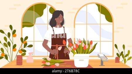 Fleuriste illustration vectorielle. Femme de dessin animé travaillant dans le magasin ou la pépinière arrangeant des bouquets de fleurs coupées et de plantes, jeune propriétaire de petite entreprise ou vendeur debout à table avec la composition florale Illustration de Vecteur