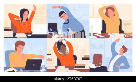 Personnes s'étirant au lieu de travail, illustration vectorielle d'ensemble de yoga de bureau. Les employés de dessin animé se détendent après le travail, les personnages de travailleurs étirent le corps dans des exercices physiques assis dans des chaises ou debout près de la table Illustration de Vecteur