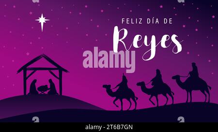 Feliz Dia de Reyes - Happy Epiphany, écrit en espagnol. Scène de la Nativité, trois sages, Jésus dans la crèche et l'étoile de Bethléem. Vector illustr Illustration de Vecteur