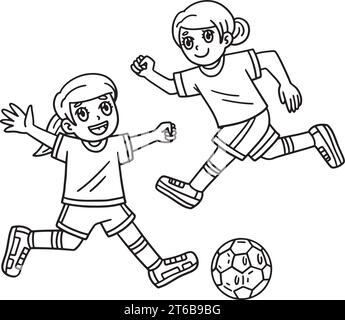 Filles jouant au football isolé Coloriage page Illustration de Vecteur