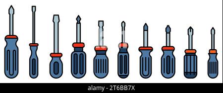 Jeu d'icônes de tournevis. Collection de différents tournevis en conception plate. Illustration vectorielle Illustration de Vecteur