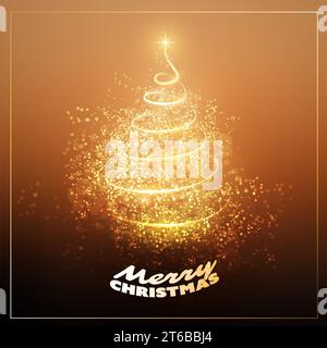 Joyeux Noël, carte de fêtes joyeuses - forme d'arbre de Noël en spirale lumineuse sur fond brun et doré Illustration de Vecteur