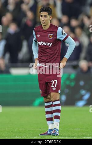 Londres, Royaume-Uni. 09 novembre 2023. Nayef Aguerd #27 de West Ham United lors du match de l'UEFA Europa League West Ham United vs Olympiakos FC au London Stadium, Londres, Royaume-Uni, le 9 novembre 2023 (photo de Mark Cosgrove/News Images) à Londres, Royaume-Uni le 11/9/2023. (Photo de Mark Cosgrove/News Images/Sipa USA) crédit : SIPA USA/Alamy Live News Banque D'Images