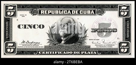 US-BEP-República de Cuba (preuve certifiée) cinq pesos en argent, 1934 (CUB-70a) Banque D'Images