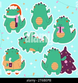 Noël, nouvel an stickers ensemble avec un dragon mignon Illustration de Vecteur