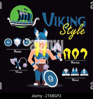 Atout de personnage féminin mignon viking avec des armes et des casques Vector Illustration de Vecteur