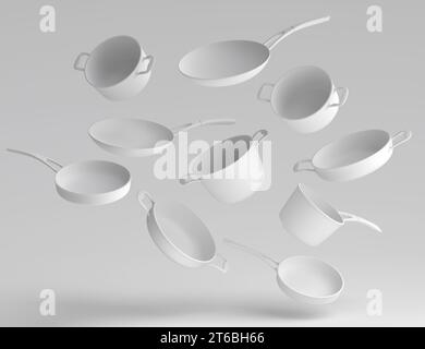 Ensemble de ragoût volant, poêle à frire et batterie de cuisine chromée sur monochrome Banque D'Images
