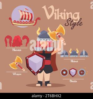 Atout de personnage féminin mignon viking avec des armes et des casques Vector Illustration de Vecteur