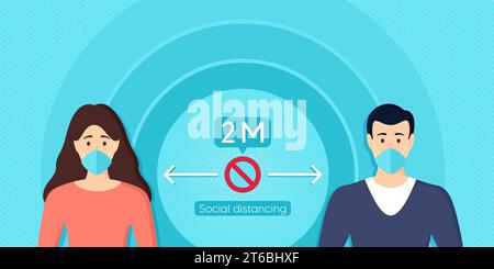 Distanciation sociale pour les gens. Personnage homme et femme avec masque facial chirurgical ou médical. Vecteur Illustration de Vecteur
