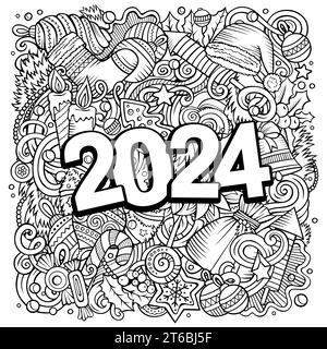 illustration de 2024 grillades. Conception d'affiches d'objets et d'éléments du nouvel an. Fond d'art de vacances de dessin animé créatif. Dessin vectoriel esquissé Illustration de Vecteur