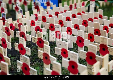 Londres, Royaume-Uni. 09 novembre 2023. Des croix et des coquelicots avec des messages du souvenir sont déposés dans le parc de l'abbaye de Westminster dans le centre de Londres avant le jour de l'armistice et le dimanche du souvenir. Le champ du souvenir est ouvert au public jusqu’au 19 novembre. (Photo Steve Taylor/SOPA Images/Sipa USA) crédit : SIPA USA/Alamy Live News Banque D'Images