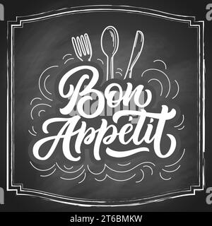 Lettrage à la main bon Appetit, typographie au pinceau vintage, écriture personnalisée isolée sur fond noir de tableau noir. Illustration vectorielle. Illustration de Vecteur