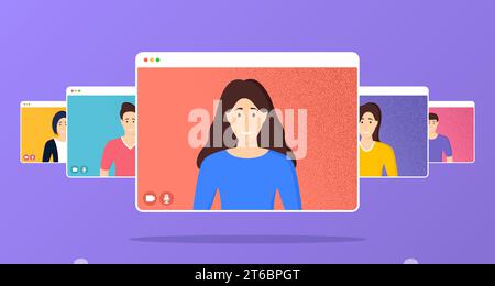 Vidéoconférence sur l'écran du site Web. Les personnes travaillant à domicile. Bureau d'affaires en ligne. Vecteur Illustration de Vecteur