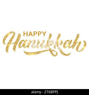 Hanukkah pinceau lettrage à la main, avec effet de texture de paillettes dorées sur fond blanc. Illustration vectorielle de calligraphie. Peut être utilisé pour les vacances juives Illustration de Vecteur