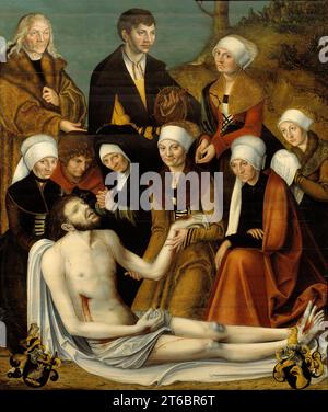 La Lamentation, Date inconnue. Représentation inhabituelle des personnes en deuil avec le corps mort du Christ après qu'il a été enlevé de la croix. Au lieu de paraître désemparées et pleurant, certaines des femmes semblent presque sourire. Banque D'Images