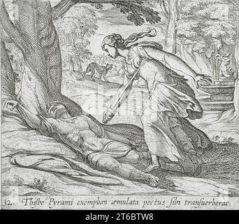 Thisbe Killing self, publié en 1606. D'après les métamorphoses d'Ovide, pl. 32. Banque D'Images