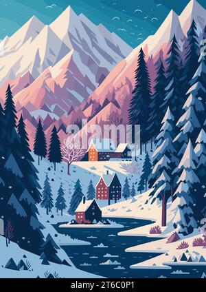 Paysage d'hiver avec montagne, village et forêt Illustration de Vecteur