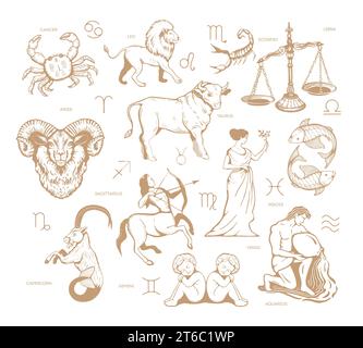 Collection Zodiac Signs dans le style de gravure Illustration de Vecteur