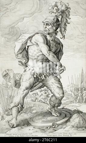 Titus Manlius Torquatos, 1586. Des héros romains, pl. 6. Banque D'Images